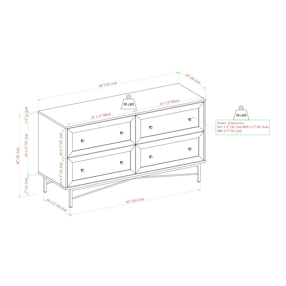 Gwen 56" 4 Drawer Modern Dresser - Dark Walnut/White Poplar