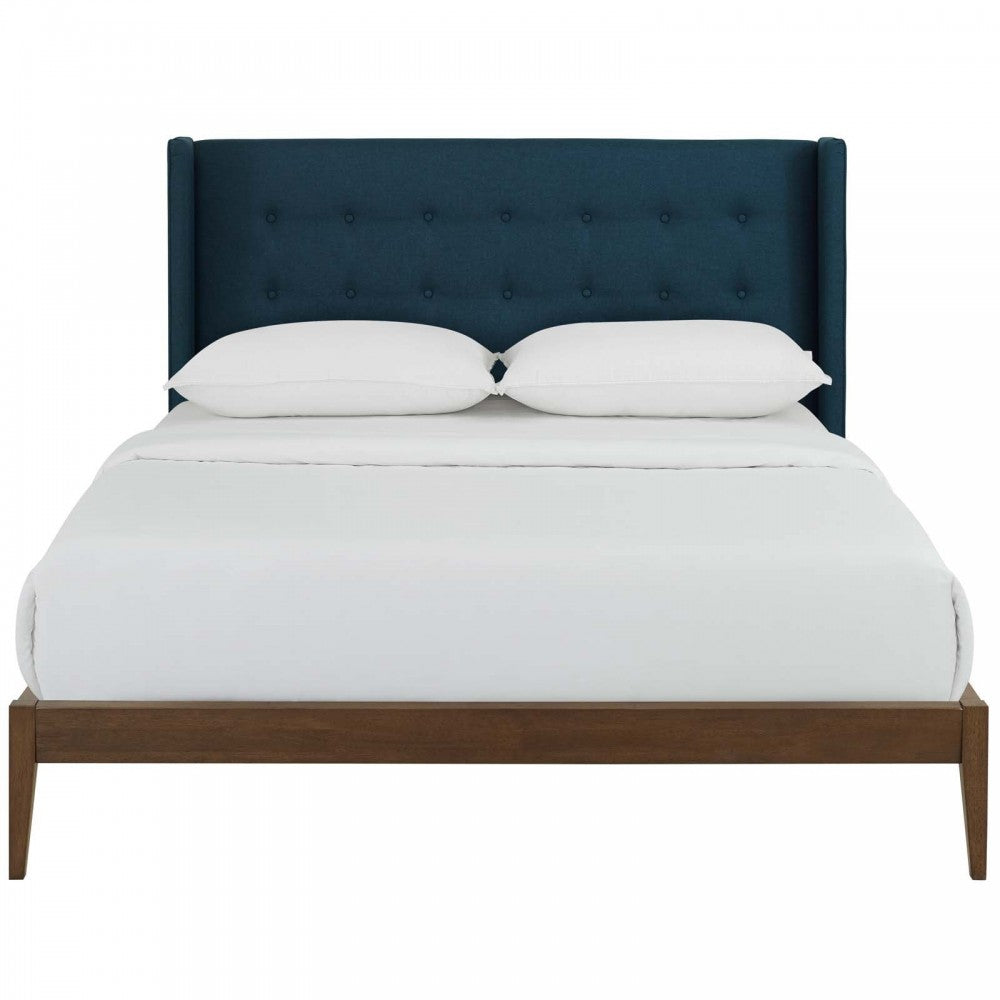 Hadley Queen Wingback Upholstered Polyester Fabric Platform Bed, Blue