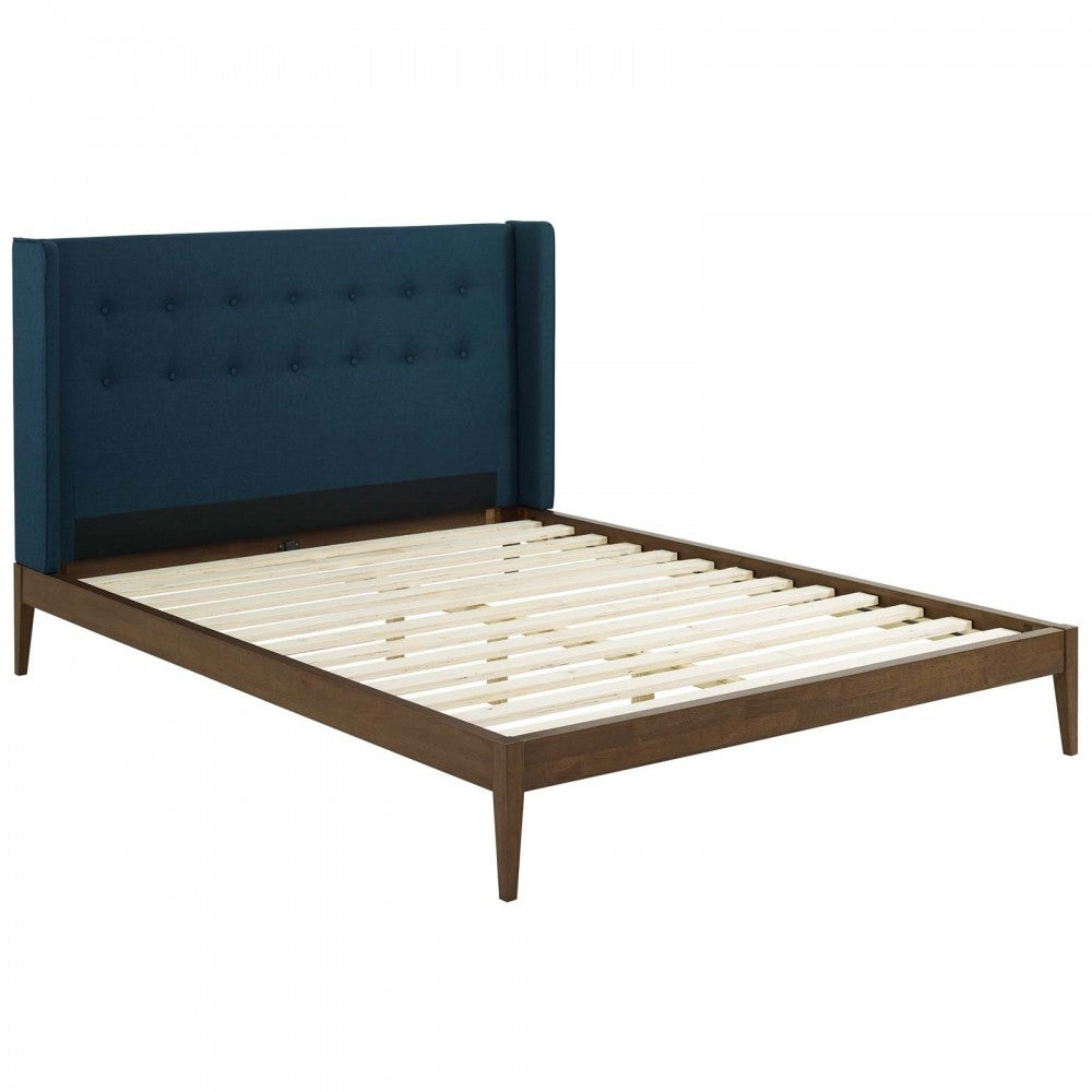 Hadley Queen Wingback Upholstered Polyester Fabric Platform Bed, Blue