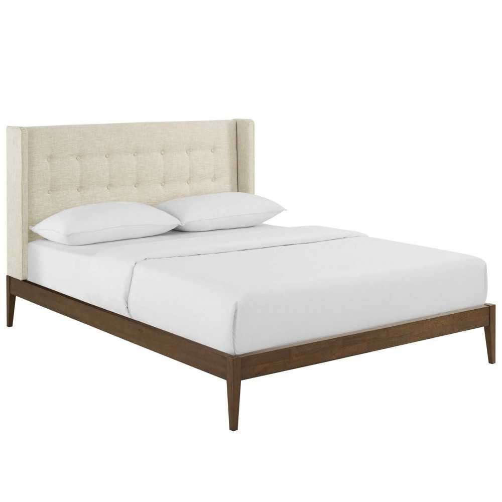 Hadley Queen Wingback Upholstered Polyester Fabric Platform Bed, Beige