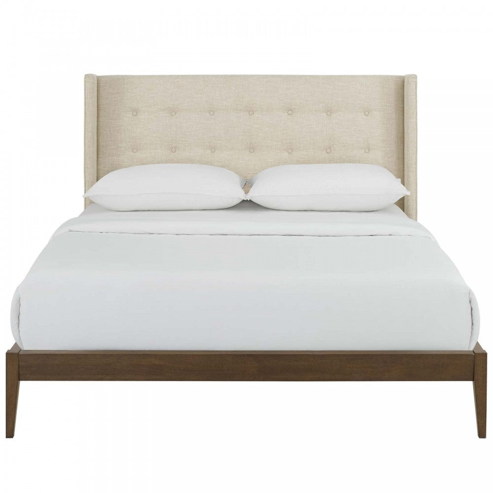 Hadley Queen Wingback Upholstered Polyester Fabric Platform Bed, Beige