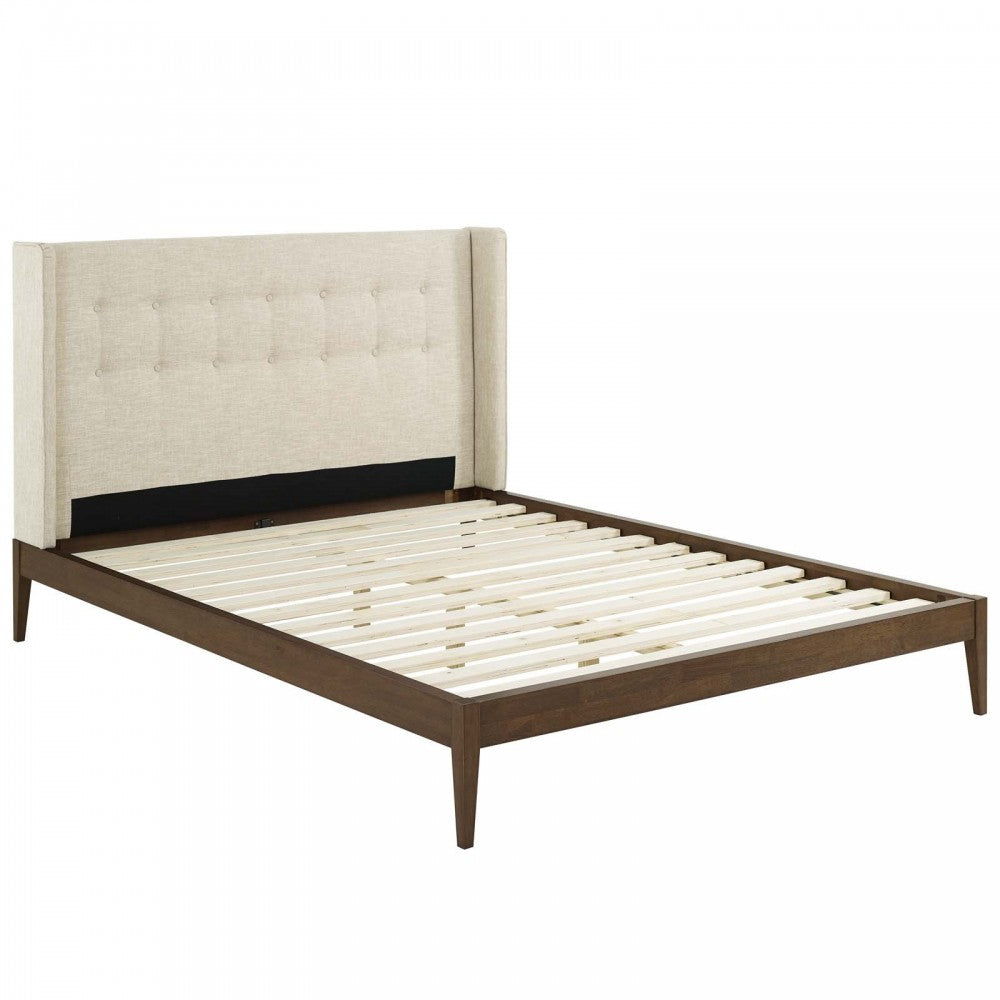 Hadley Queen Wingback Upholstered Polyester Fabric Platform Bed, Beige