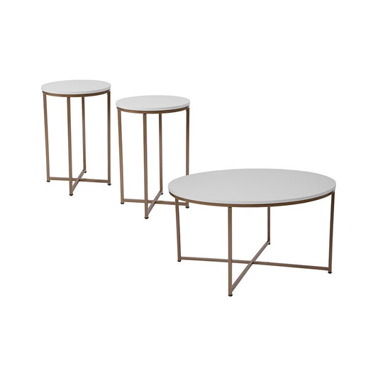 Hampstead Collection 3 Piece Coffee and End Table Set in White with Matte Gold Frames