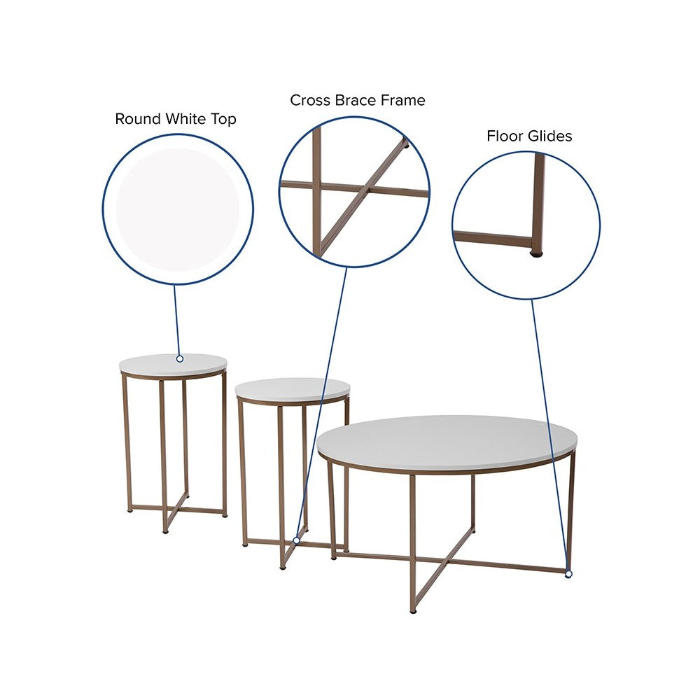 Hampstead Collection 3 Piece Coffee and End Table Set in White with Matte Gold Frames