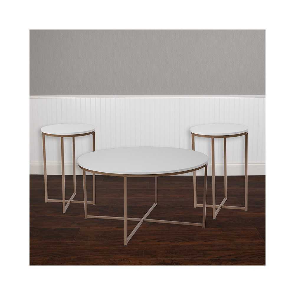 Hampstead Collection 3 Piece Coffee and End Table Set in White with Matte Gold Frames