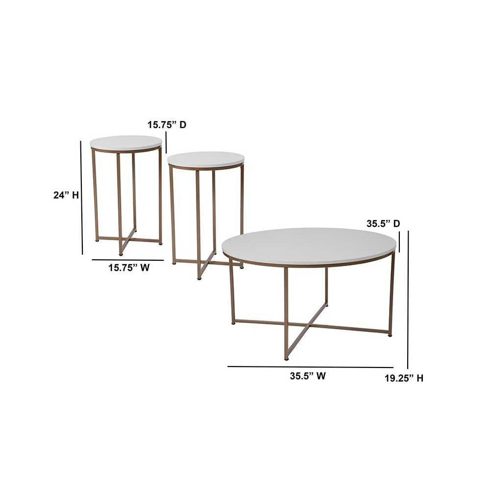 Hampstead Collection 3 Piece Coffee and End Table Set in White with Matte Gold Frames