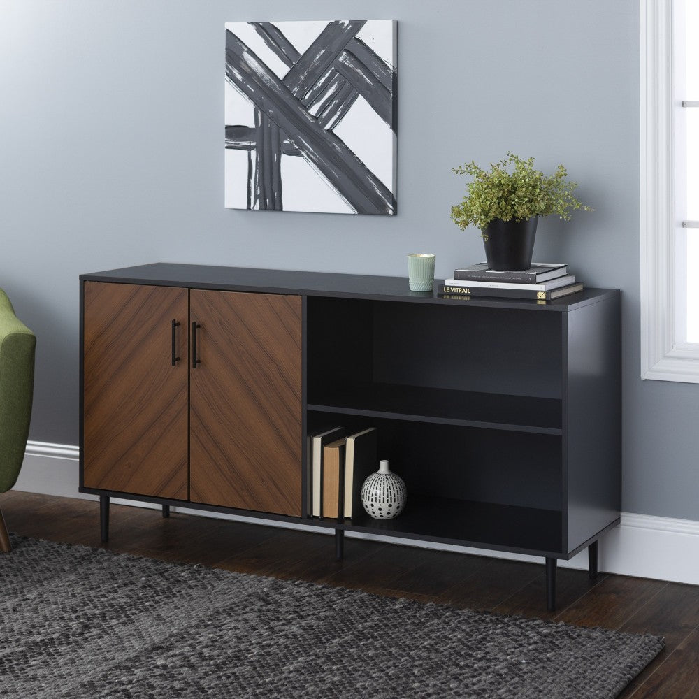 Hampton 58" Mid Century Modern Bookmatch Asymmetrical TV Stand - Solid Black