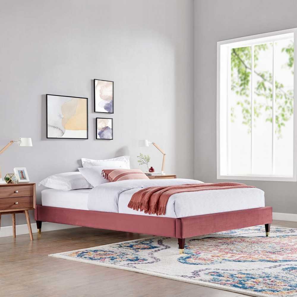 Harlow Queen Performance Velvet Platform Bed Frame, Dusty Rose
