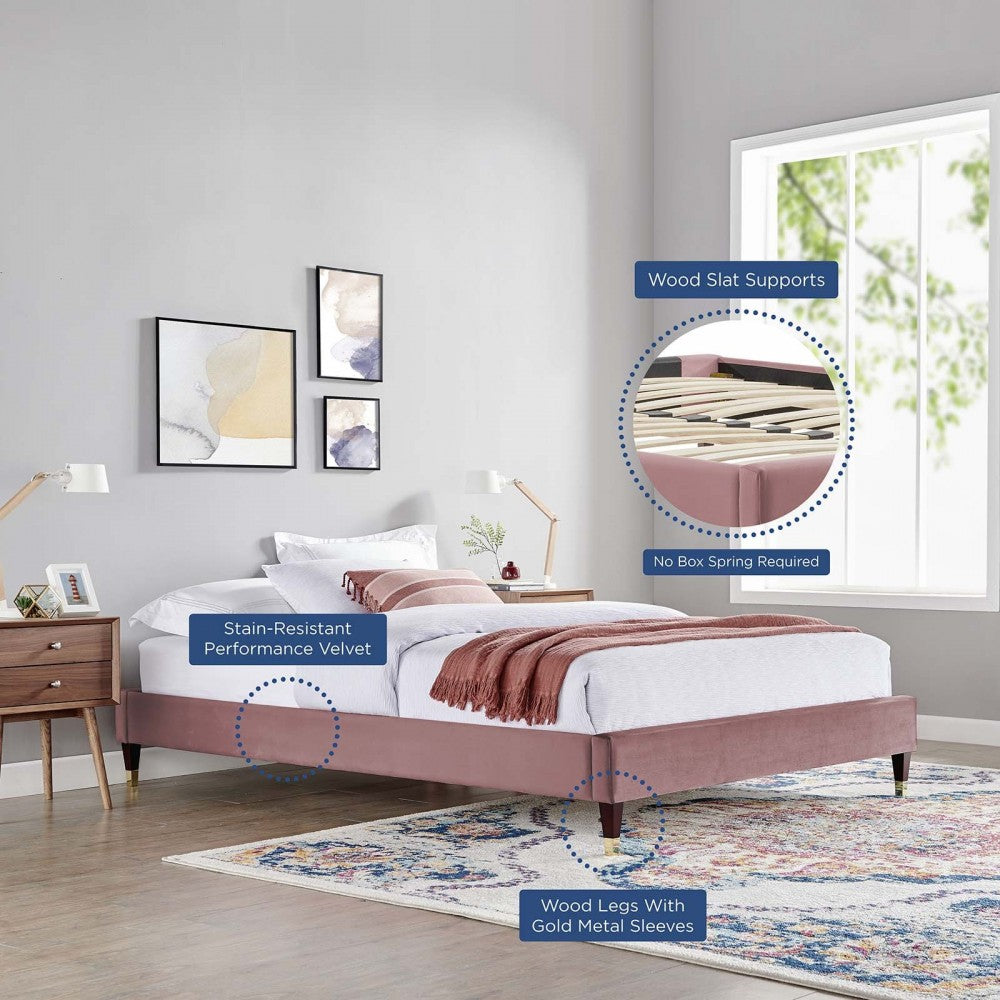 Harlow Queen Performance Velvet Platform Bed Frame, Dusty Rose