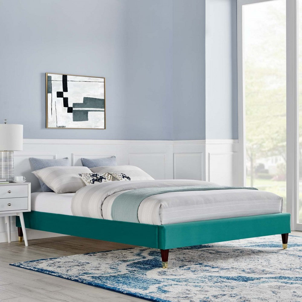 Harlow Queen Performance Velvet Platform Bed Frame, Teal