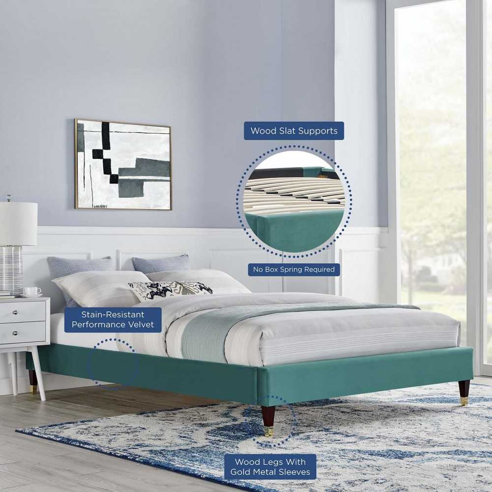 Harlow Queen Performance Velvet Platform Bed Frame, Teal