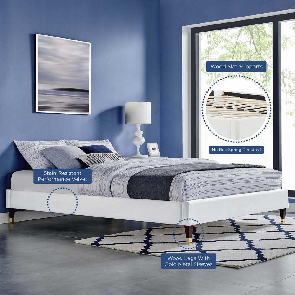 Harlow Queen Performance Velvet Platform Bed Frame, White