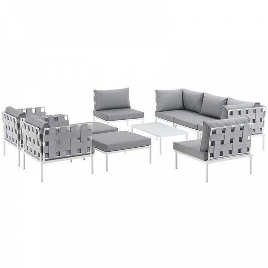 Harmony 10 Piece Outdoor Patio Aluminum Sectional Sofa Set, White Gray
