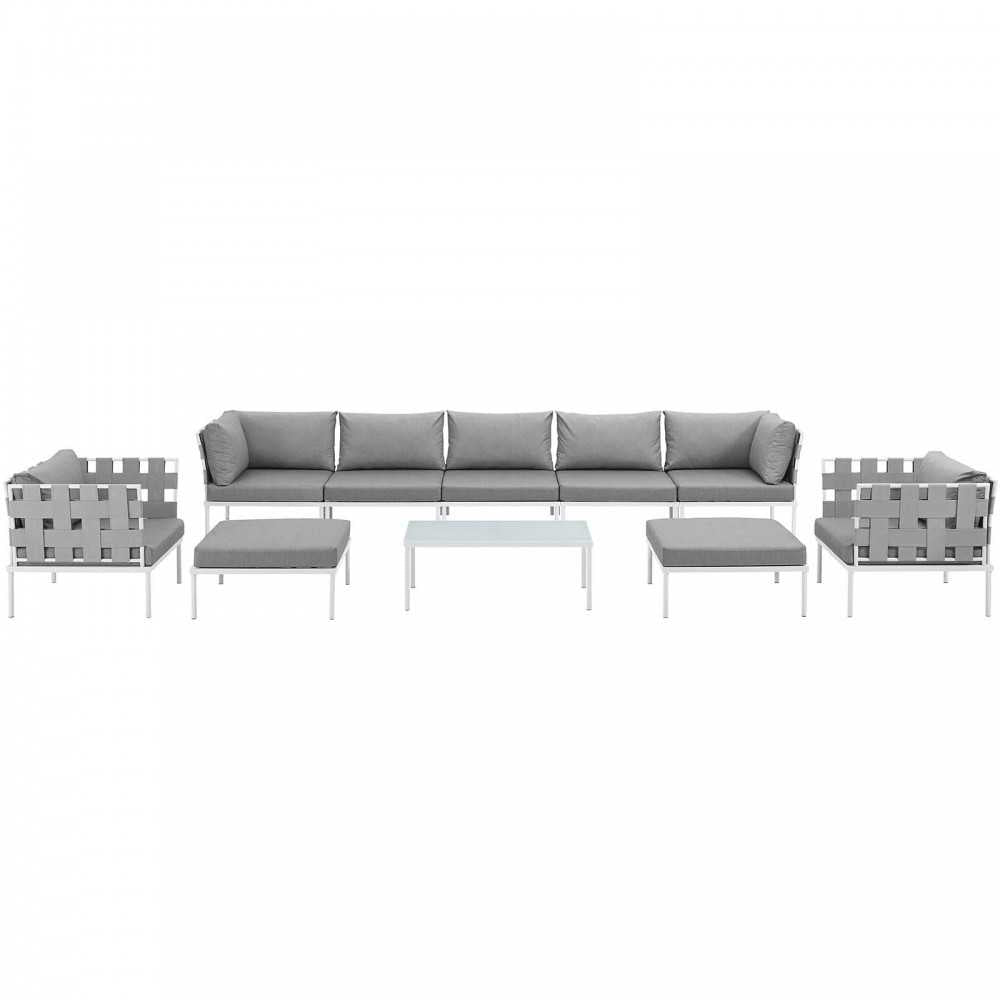 Harmony 10 Piece Outdoor Patio Aluminum Sectional Sofa Set, White Gray