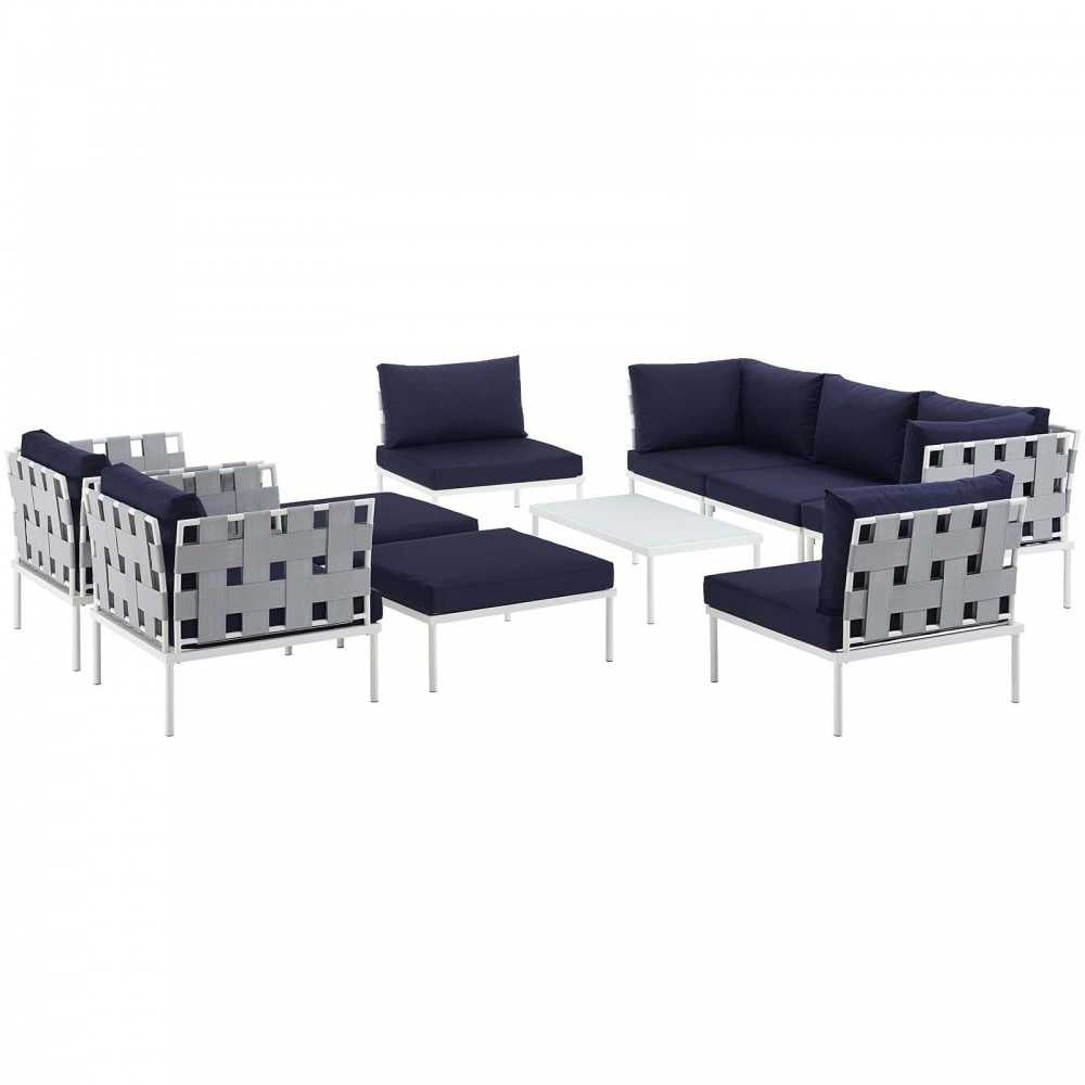 Harmony 10 Piece Outdoor Patio Aluminum Sectional Sofa Set, White Navy