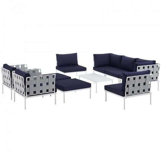 Harmony 10 Piece Outdoor Patio Aluminum Sectional Sofa Set, White Navy