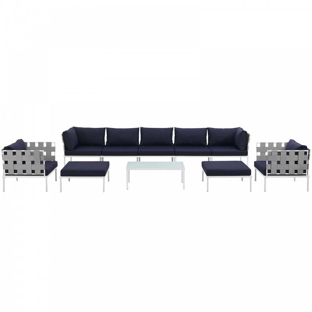 Harmony 10 Piece Outdoor Patio Aluminum Sectional Sofa Set, White Navy