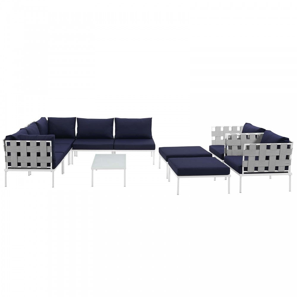 Harmony 10 Piece Outdoor Patio Aluminum Sectional Sofa Set, White Navy