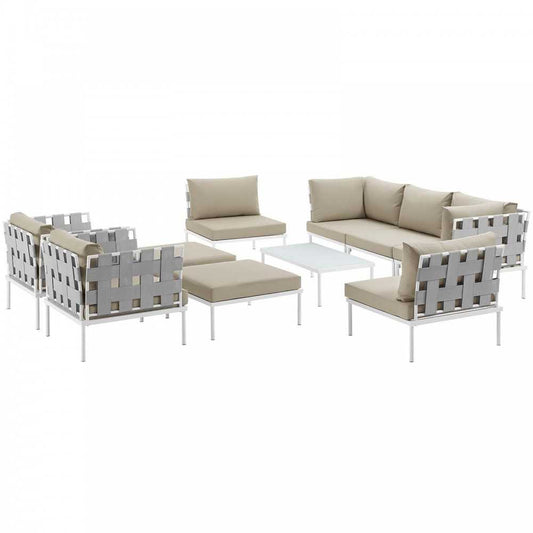 Harmony 10 Piece Outdoor Patio Aluminum Sectional Sofa Set, White Beige