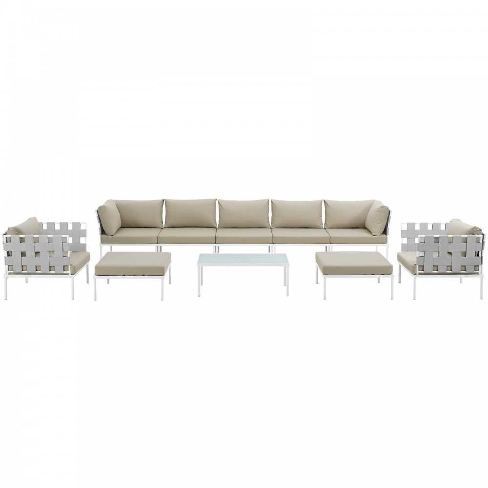 Harmony 10 Piece Outdoor Patio Aluminum Sectional Sofa Set, White Beige