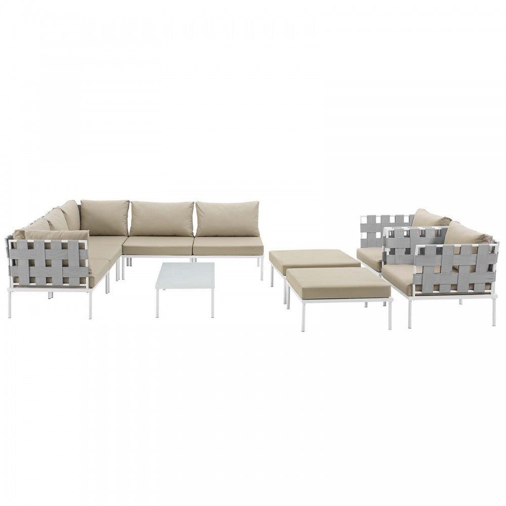 Harmony 10 Piece Outdoor Patio Aluminum Sectional Sofa Set, White Beige