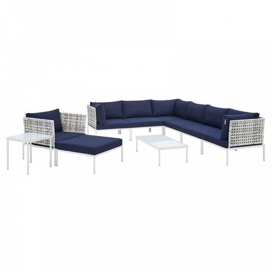 Harmony 10-Piece Sunbrella Basket Weave Outdoor Patio Aluminum Sectional Sofa Set, Taupe Navy