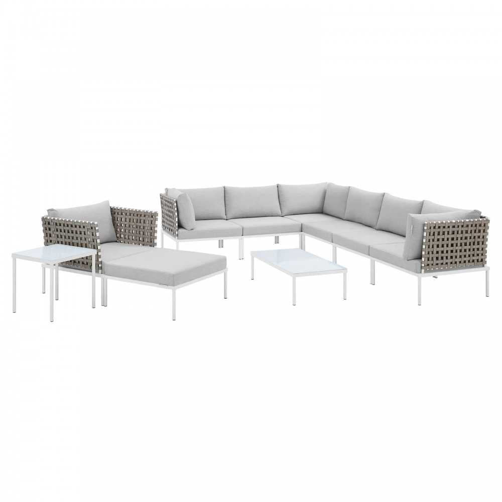 Harmony 10-Piece Sunbrella Basket Weave Outdoor Patio Aluminum Sectional Sofa Set, Tan Gray