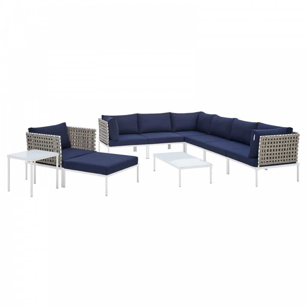 Harmony 10-Piece Sunbrella Basket Weave Outdoor Patio Aluminum Sectional Sofa Set, Tan Navy