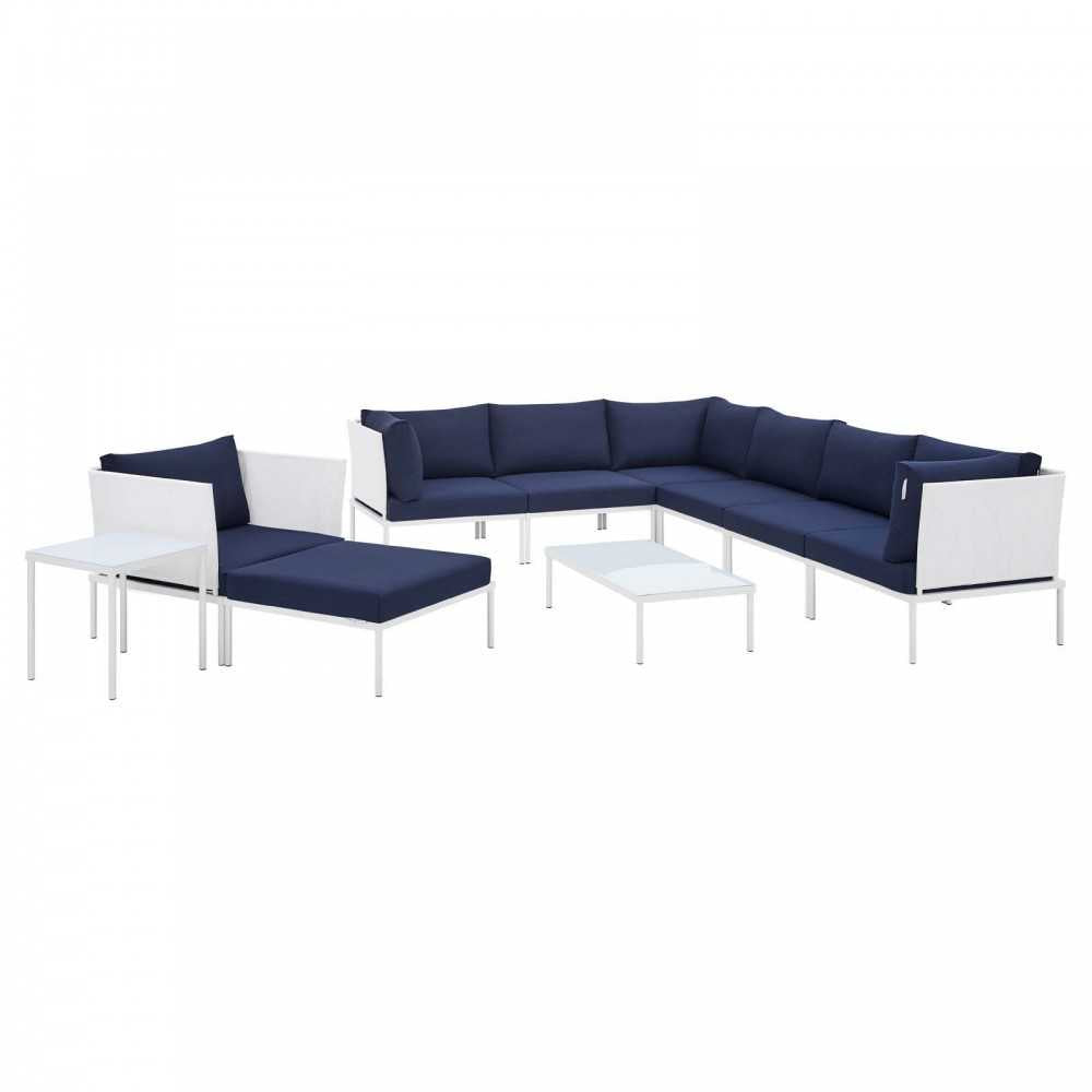 Harmony 10-Piece Sunbrella Outdoor Patio Aluminum Sectional Sofa Set, White Navy