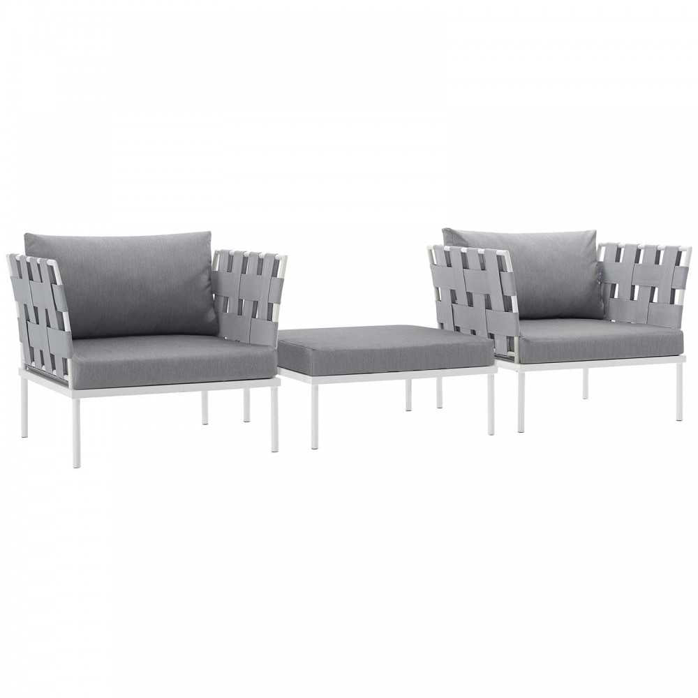 Harmony 3 Piece Outdoor Patio Aluminum Sectional Sofa Set, White Gray