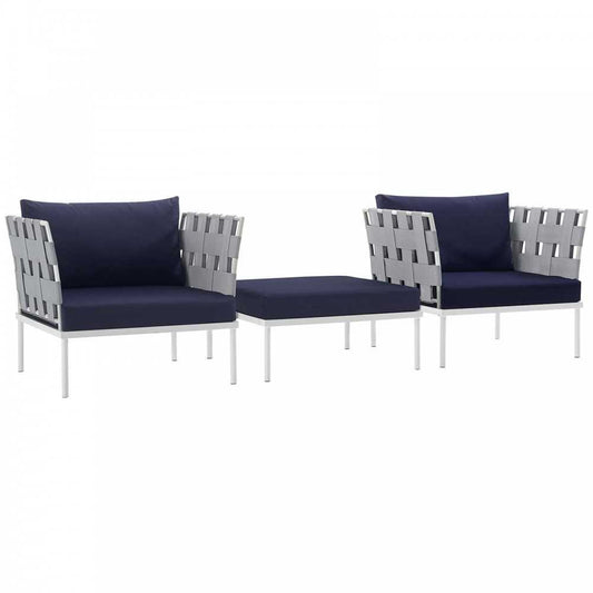 Harmony 3 Piece Outdoor Patio Aluminum Sectional Sofa Set, White Navy