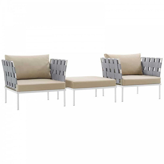 Harmony 3 Piece Outdoor Patio Aluminum Sectional Sofa Set, White Beige