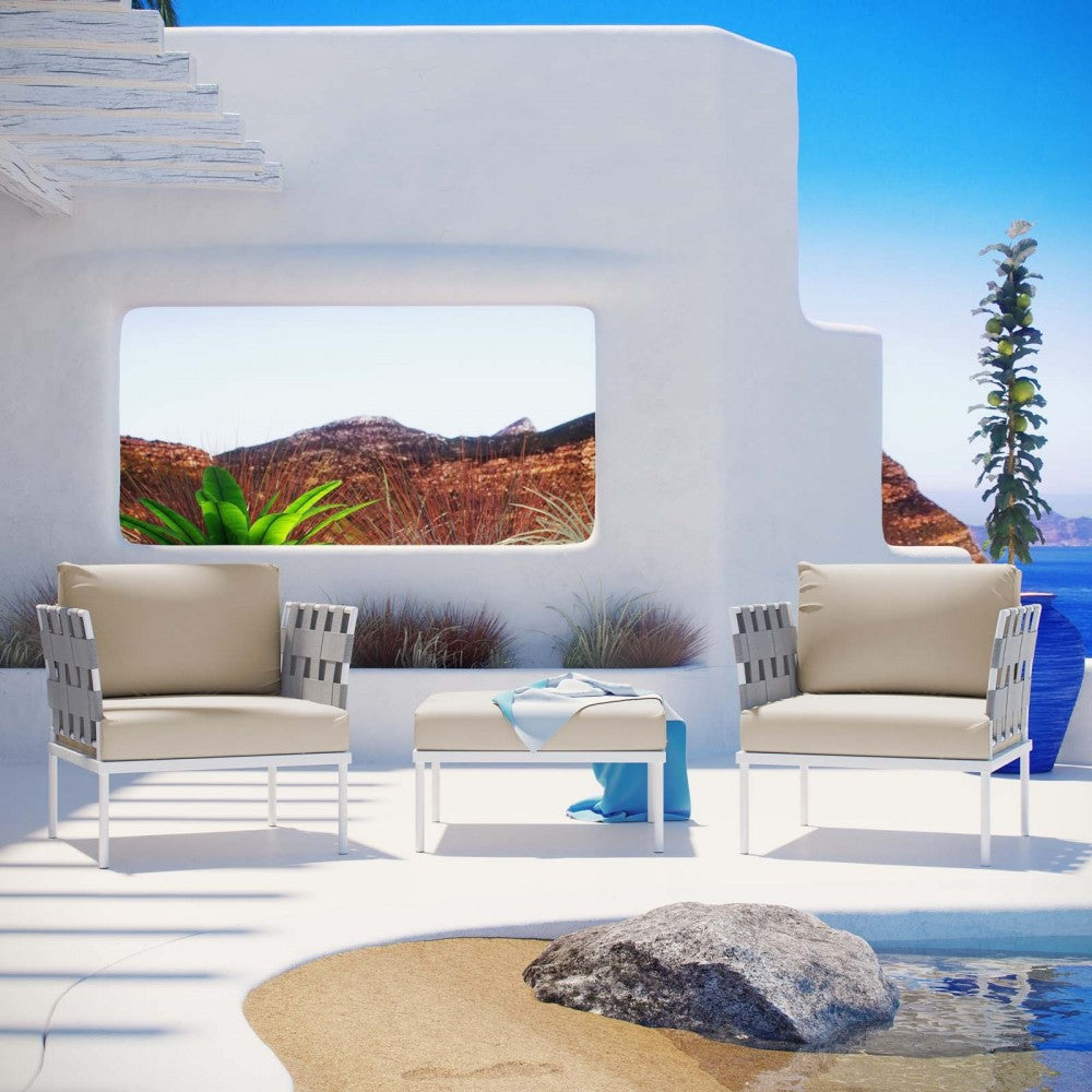 Harmony 3 Piece Outdoor Patio Aluminum Sectional Sofa Set, White Beige