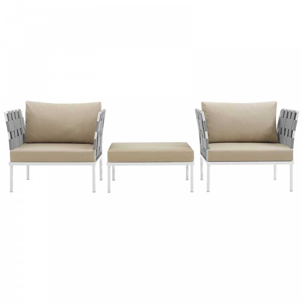 Harmony 3 Piece Outdoor Patio Aluminum Sectional Sofa Set, White Beige