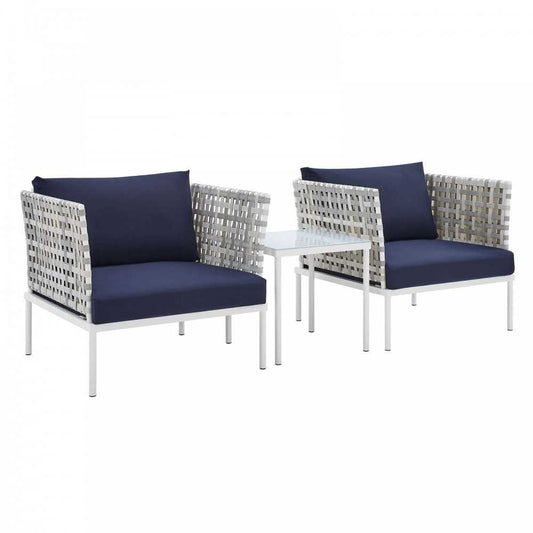 Harmony 3-Piece Sunbrella Basket Weave Outdoor Patio Aluminum Seating Set, Taupe Navy