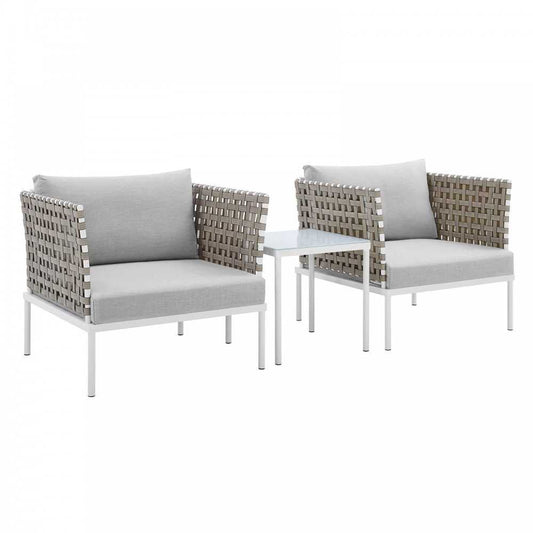 Harmony 3-Piece Sunbrella Basket Weave Outdoor Patio Aluminum Seating Set, Tan Gray