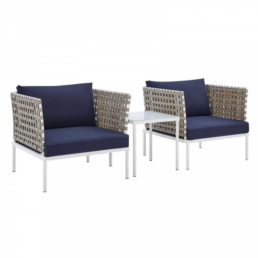 Harmony 3-Piece Sunbrella Basket Weave Outdoor Patio Aluminum Seating Set, Tan Navy