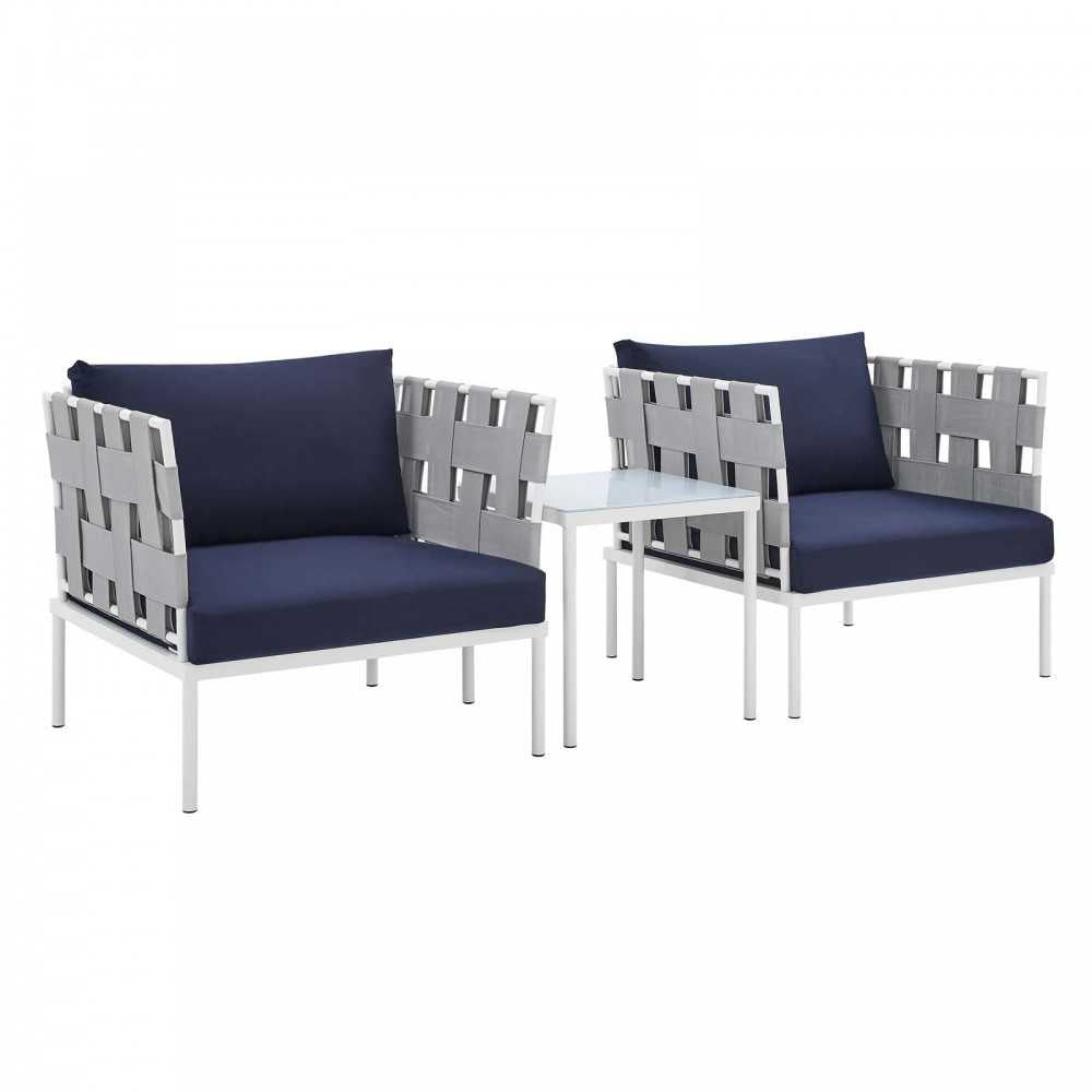 Harmony 3-Piece Sunbrella Outdoor Patio Aluminum Seating Set, Gray Navy