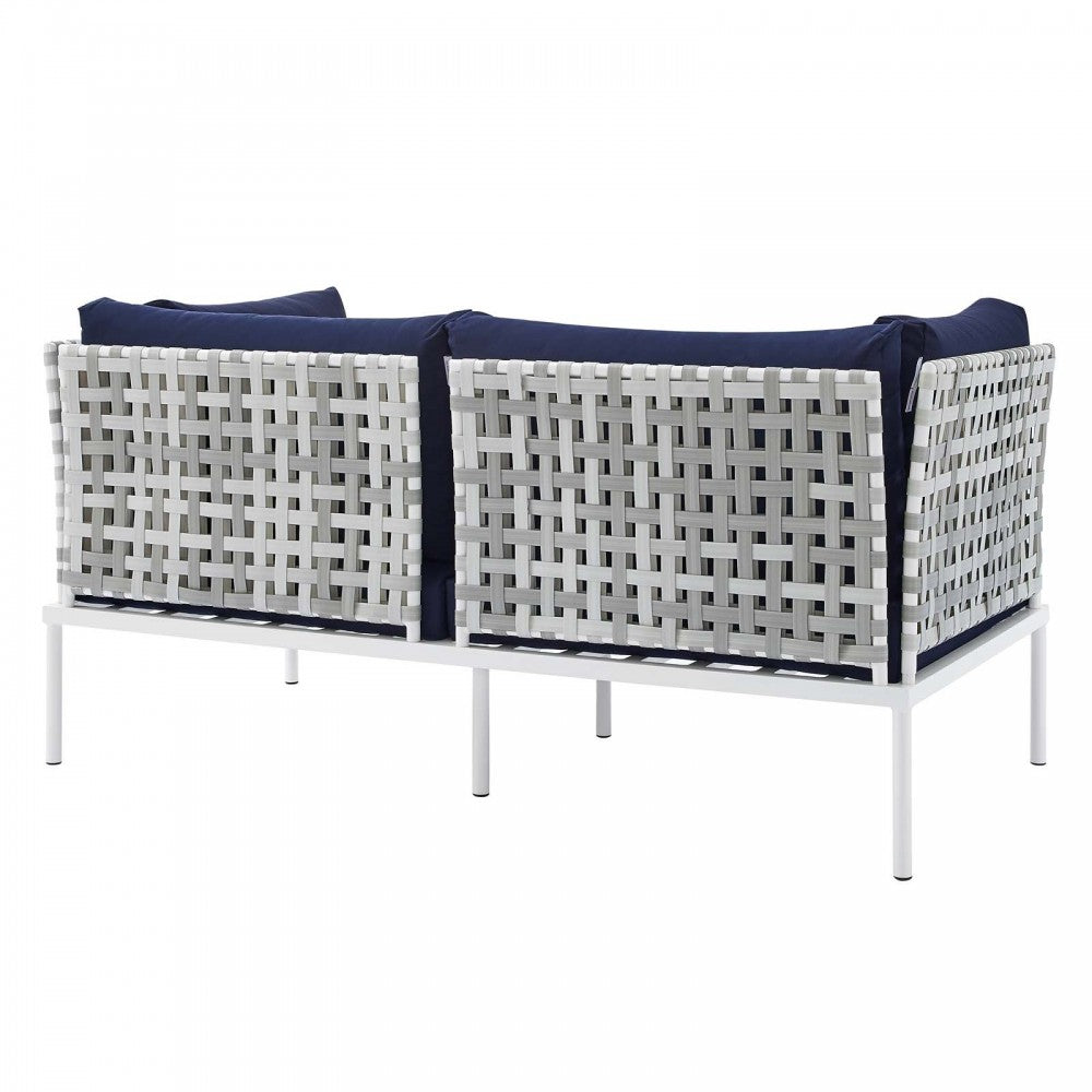 Harmony 4-Piece Sunbrella Basket Weave Outdoor Patio Aluminum Seating Set, Taupe Navy