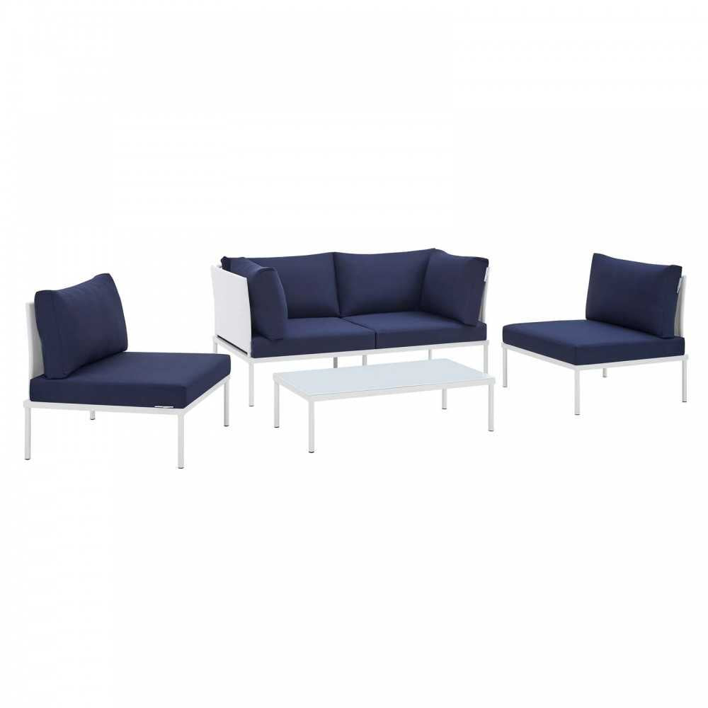 Harmony 4-Piece Sunbrella Outdoor Patio Aluminum Seating Set, White Navy