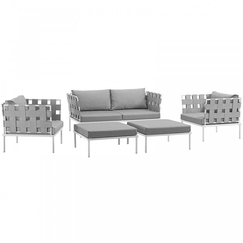 Harmony 5 Piece Outdoor Patio Aluminum Sectional Sofa Set, White Gray, EEI-2621-WHI-GRY-SET