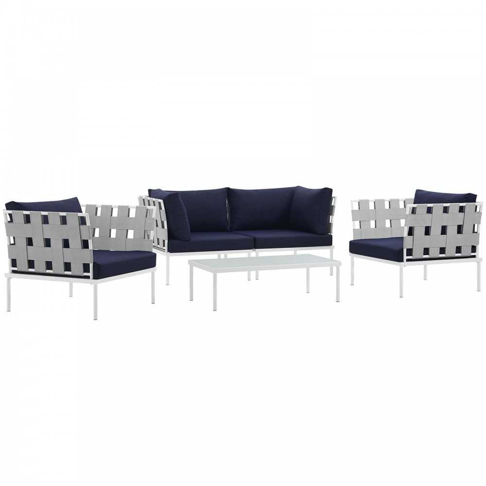 Harmony 5 Piece Outdoor Patio Aluminum Sectional Sofa Set, White Navy