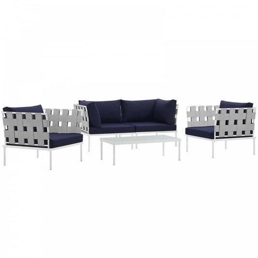 Harmony 5 Piece Outdoor Patio Aluminum Sectional Sofa Set, White Navy
