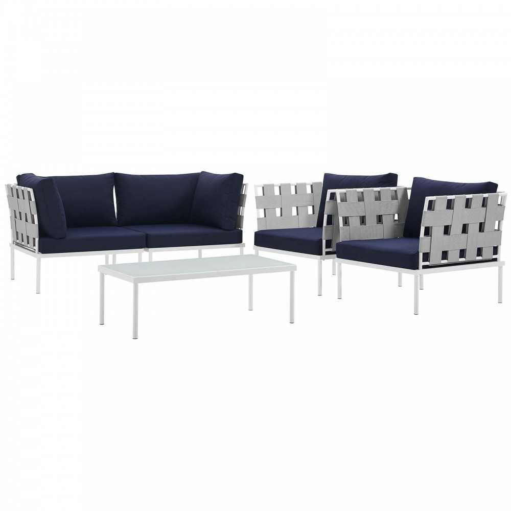 Harmony 5 Piece Outdoor Patio Aluminum Sectional Sofa Set, White Navy