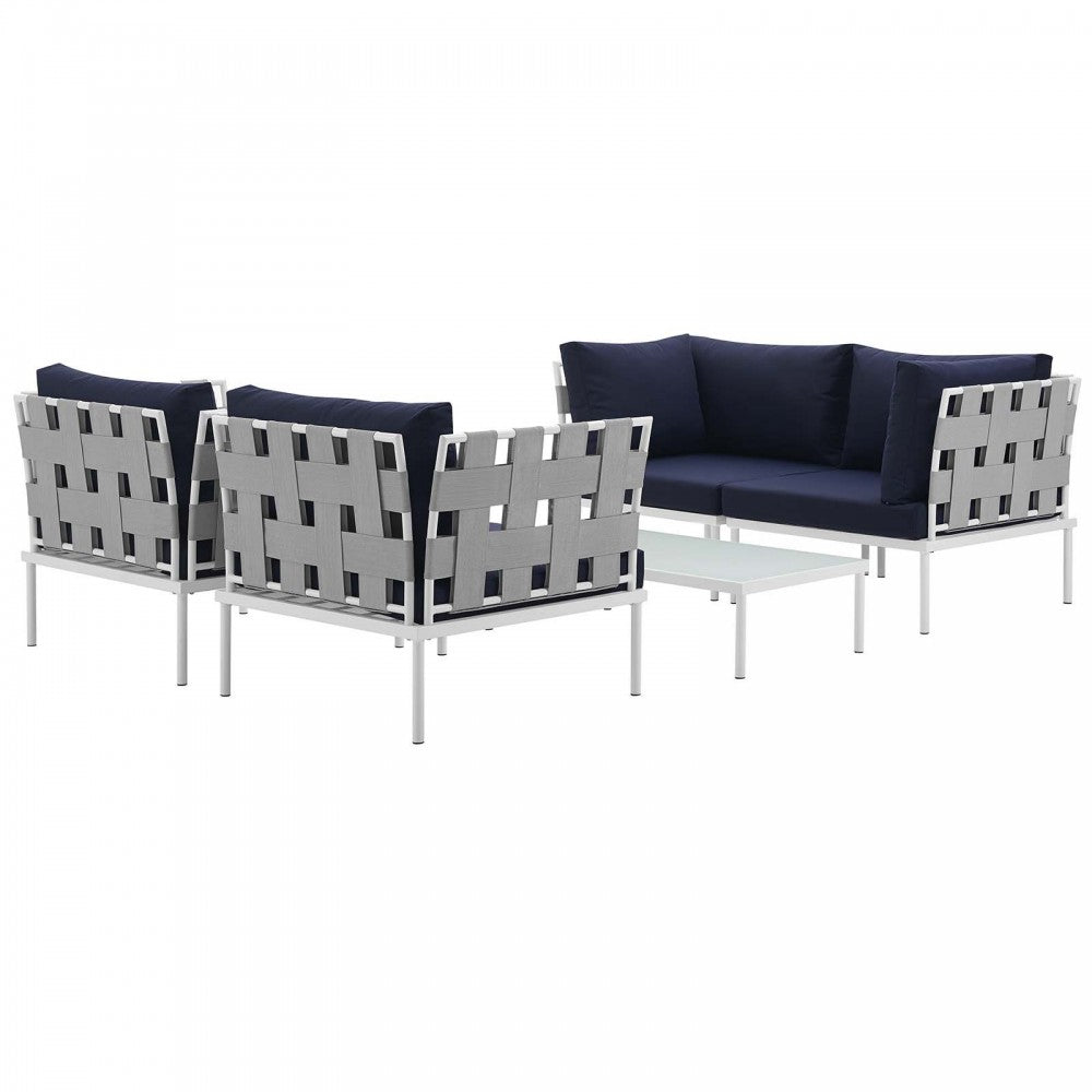 Harmony 5 Piece Outdoor Patio Aluminum Sectional Sofa Set, White Navy