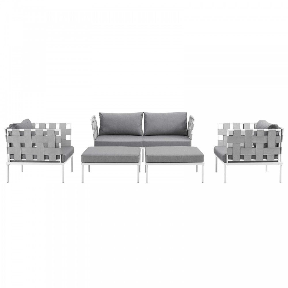 Harmony 5 Piece Outdoor Patio Aluminum Sectional Sofa Set, White Gray, EEI-2621-WHI-GRY-SET