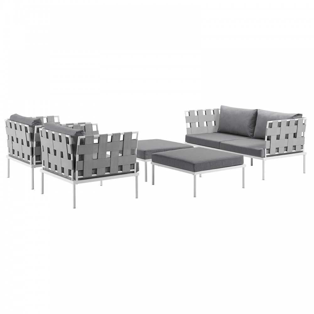 Harmony 5 Piece Outdoor Patio Aluminum Sectional Sofa Set, White Gray, EEI-2621-WHI-GRY-SET