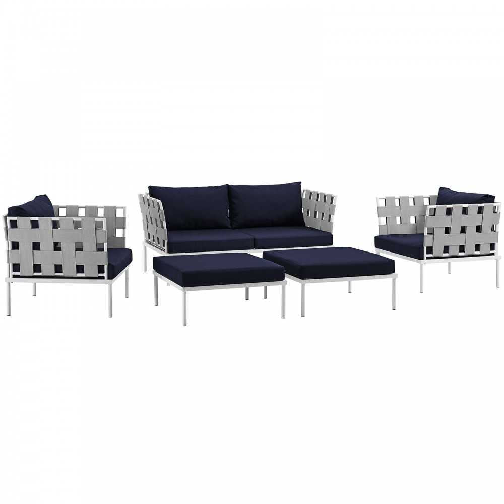 Harmony 5 Piece Outdoor Patio Aluminum Sectional Sofa Set, White Navy, EEI-2621-WHI-NAV-SET