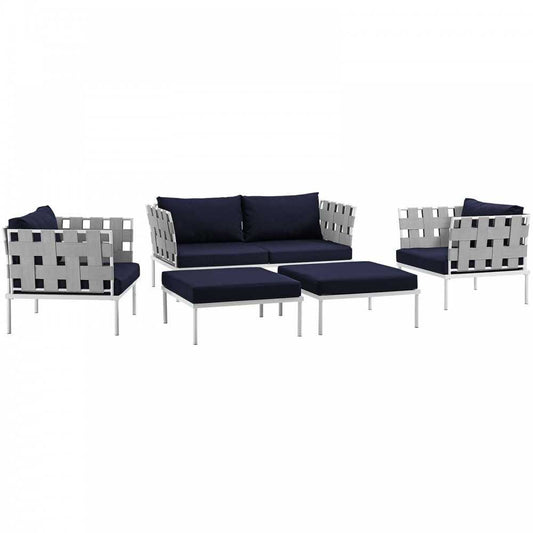 Harmony 5 Piece Outdoor Patio Aluminum Sectional Sofa Set, White Navy, EEI-2621-WHI-NAV-SET