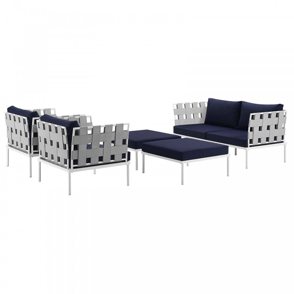 Harmony 5 Piece Outdoor Patio Aluminum Sectional Sofa Set, White Navy, EEI-2621-WHI-NAV-SET